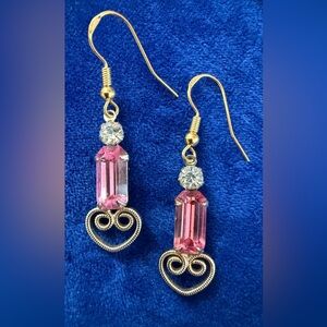 Pink Crystal Heart Drop Earrings - Unbranded